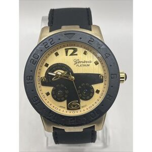 Geneva Platinum Men's Quartz Watch Black Silicone‎ Band 45mm Case- New Battery